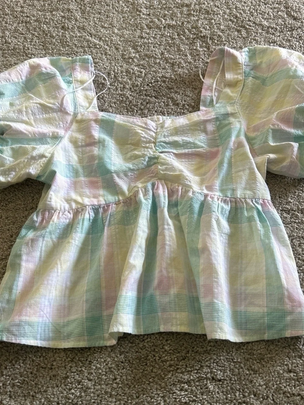 women’s Pastel Plaid Puff-Sleeve Top - Unbranded